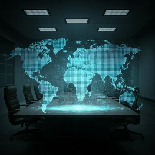 Corporate boardroom with holographic display